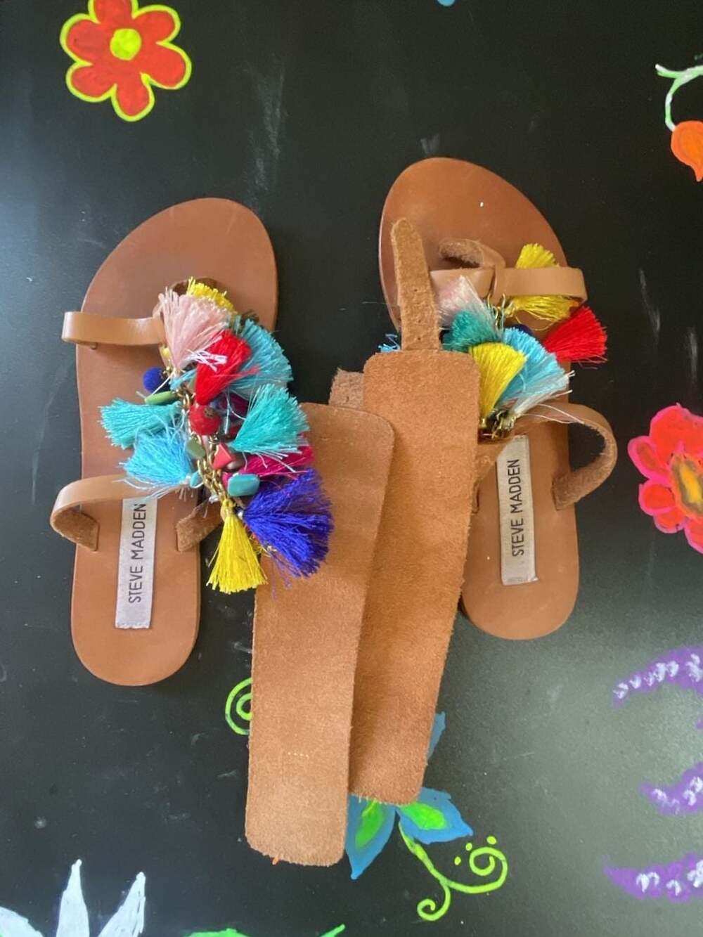 Steve Madden Women's Tan Leather Tassel Ankle Strap Flat Sandals